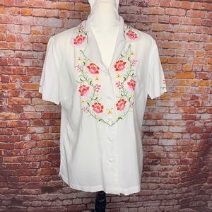 Lily White Blouse with Pink Floral Embroidery